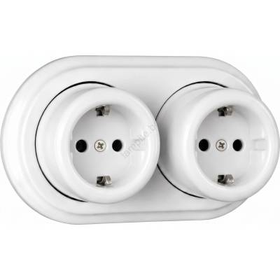 Elhard - Двойна керамична ретро стенна розетка с рамка SCHUKO 230V бяла (EF0055B)