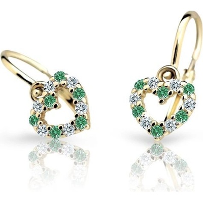Danfil dětská srdíčka C2157 ze žlutého zlata s kamínky Emerald Green zapínání brizura