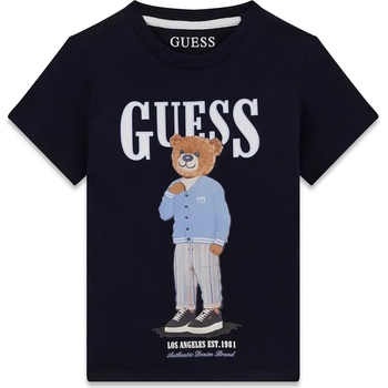 GUESS Тъмносиня тениска за мини момче с цветно мече отпред и бял надпис Guess