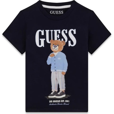 GUESS Тъмносиня тениска за мини момче с цветно мече отпред и бял надпис Guess