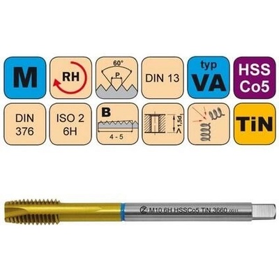 NÁSTROJE CZ Závitník strojní M8x1,25 ISO2 HSSCo5 TiN DIN 376 B - 3660 - CZZ3660-M8-ISO2