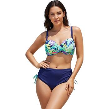 Дамски макси бански в тъмносиньо с цветен принт