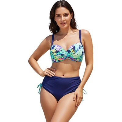 Дамски макси бански в тъмносиньо с цветен принт