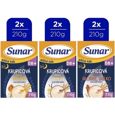 Sunar mléčná krupicová kaše na dobrou noc mix příchutí 6 x 210 g – Sleviste.cz