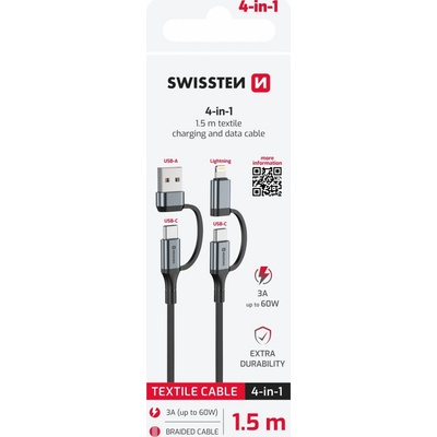 Swissten 74501102 textilný dátový 4in1 3A 1,5m černý