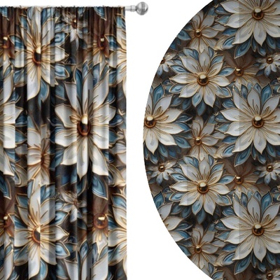 Soovi Home Zatemňovací záves Gold Bloom – 3D kvetinový vzor s modro-bielymi lupienkami a zlatým stredom Veľkosť: 140x230 na riasiaci pás