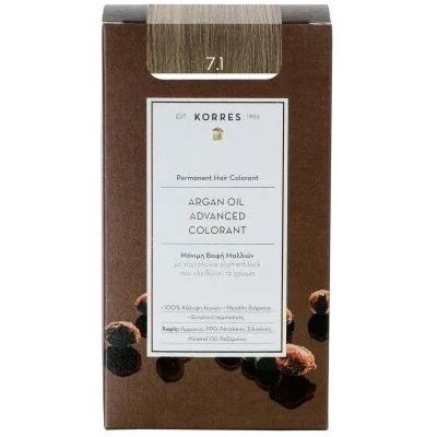 Боя за коса с технология pigment-lock с Арганово масло русо Сантре , Korres Argan Oil Advanced Colorant 50ml Permanent Hair Colorant 7.1 Ash Blonde