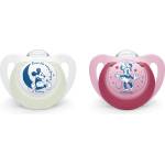 Nuk Силиконови залъгалки NUK - Mickey Night & Day, 6-18 месеца, 2 броя, Бяло и Розово + кутийка за съхранение и стерилизация (10176329-Бяло/Розово)