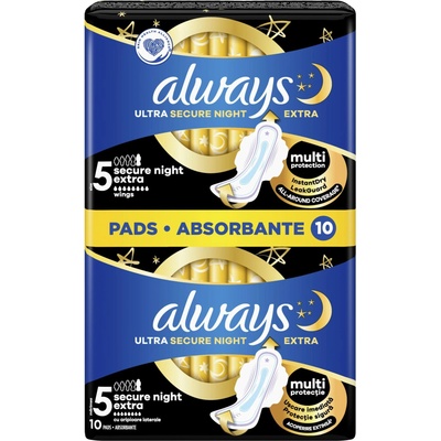 Always Дамски превръзки с крилца Always Ultra - Secure Night, 10 броя