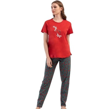 Дамска макси пижама в червено и зелено с череши