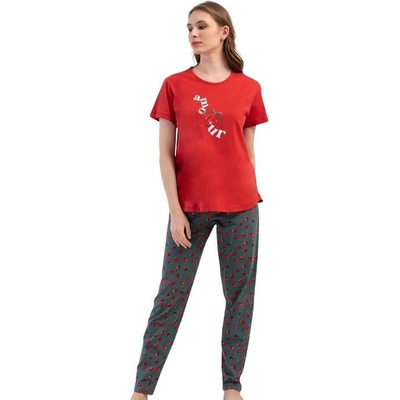 Дамска макси пижама в червено и зелено с череши