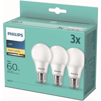 Philips LED sada žiaroviek 3x8W-60W E27 806lm 2700K set 3ks, biela