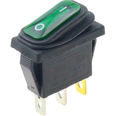Kolískový vypínač obdĺžnikový s podsvietením KCD3, ON-OFF, IP65, 250V/15A Zelená