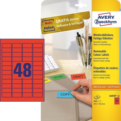 Etikety Avery odnímateľné 45,7x21,2 mm červené