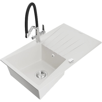 Mexen Cesar гранитна мивка с 1 отделение и отцедник и кухненски смесител Duo, бял - 6514-20-671701-07 (6514-20-671701-07)