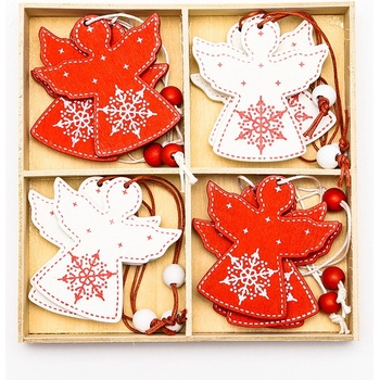 DECOLED Drevený anjel, 5x6 cm, červený a biely, 12ks/bal.