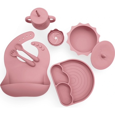 Malý Ježko Silikónový jedálenský set pre deti DÚHA Old Rose Drevený príbor MINI 6 dielny
