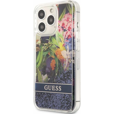 GUESS Liquid Glitter Flower Case - дизайнерски кейс с висока защита за iPhone 13 Pro (син)