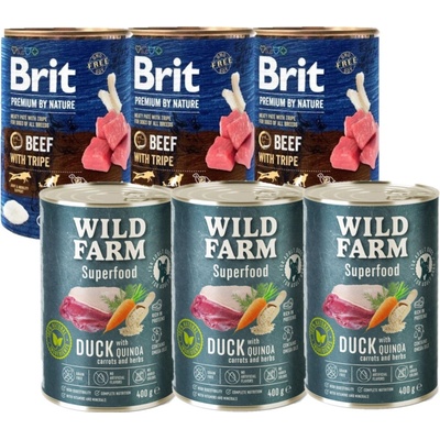 Brit Premium by Nature Hovězí s dršťkami 3 x 400 g a Wild Farm Superfood Kachna 3 x 400 g