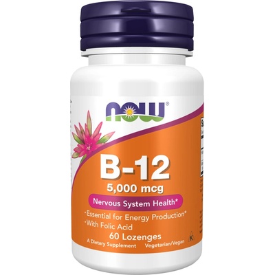 NOW Vitamin B12 with Folic Acid Vitamín B12 + Kyselina Listová 5000 mcg, 60 pastilek