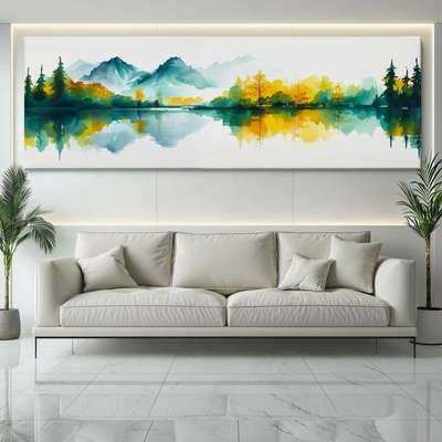 Obraz na plátně - Hory a lesy u jezera Motino FeelHappy.cz Vyberte rozměr obrazu (šířka x výška): 150 x 50 cm