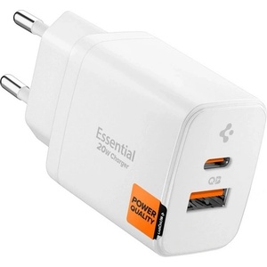 Spigen ESSENTIAL EE202EU мрежово зарядно устройство USB+Type-C гнездо 20W, бързо зарядно устройство, БЯЛО ACH08704 (ACH08704)