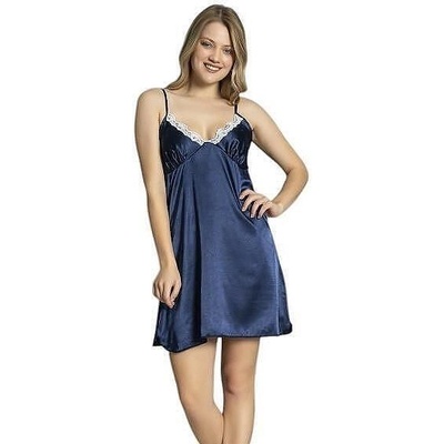 Сатенена нощница в тъмносиньо с бяла дантела