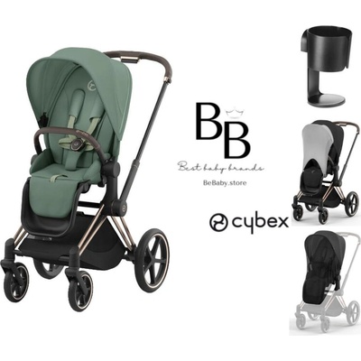 Cybex set Priam 4 Rose Gold + Seat Pack 2024 s moskytiérou, sluneční clonou a držákem na nápoje Leaf Green