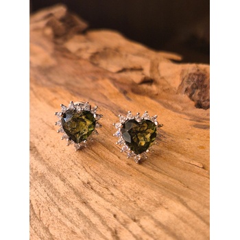 Vltavín Moldavite Stříbrné náušnice s vltavíny a zirkony ve tvaru srdce 2000373250000