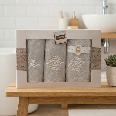 4sleep set ručníků a osušek 361 3 ks světle šedá s výšivkou 1 x 30 x 50 cm + 1 x 50 x 90 cm + 1 x 70 x 140 c