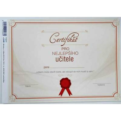 Certifikát pro nejlepšího učitele pevný papír