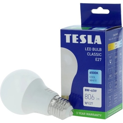 Tesla LED žárovka BULB E27, 8W, 230V, 806lm, 25 000h, 6500K studená bílá, 220st