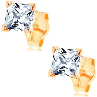 Šperky Eshop - Náušnice ve žlutém 14K zlatě - broušený zirkonový čtvereček čiré barvy, 4 mm S1GG148.01