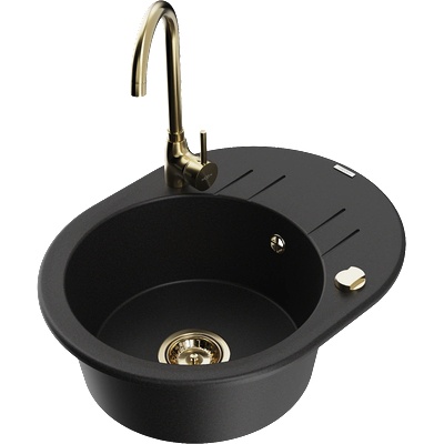 Mexen Kevin гранитна мивка с 1 камера, с отцедник и кухненски смесител Telma, черен - 6517-77-670200-50 (6517-77-670200-50)