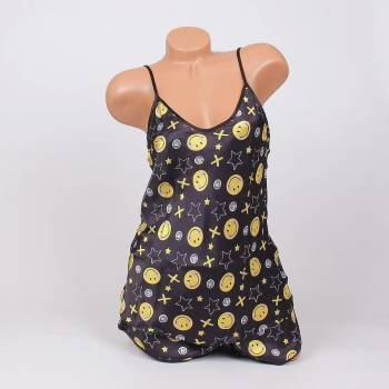 Image 1 of Лятна сатенена пижама в черно с емотиконки и звезди