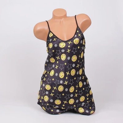 Лятна сатенена пижама в черно с емотиконки и звезди