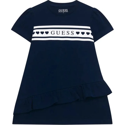 Guess Памучна тъмно синя рокля за мини момиче с воали и надпис Guess