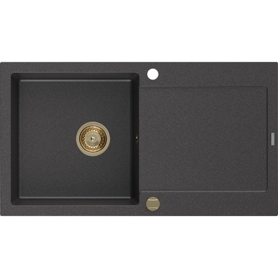 MEXEN/S Leo granitový dřez 1 s odkapávačem 900x500 mm, černá kropenatá,+ zlatý sifon 6501901010-76-G