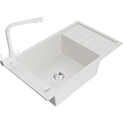 Mexen Elias гранитна кухненска мивка с 1 отделение с отцедник и кухненски смесител Duero, бял - 6511-20-671600-20 (6511-20-671600-20)