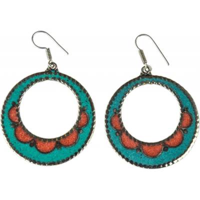 Sanu Babu Nepálské visací naušnice vykládané tyrkenitem a korálem 60 mm kov