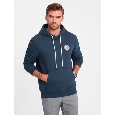 Ombre Men's kangaroo sweatshirt with hood and college style patch navy blue