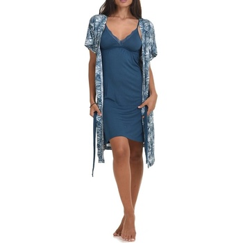 Нощница и халат с екзотични листа в цвят петрол