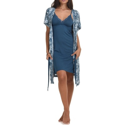 Нощница и халат с екзотични листа в цвят петрол