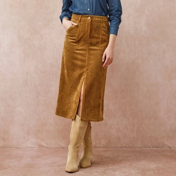 Midi sukně s kapsami a rozparkem vpředu manšestr havana