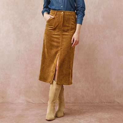 Midi sukně s kapsami a rozparkem vpředu manšestr havana