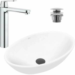 GROHE Комплект мивка за плот Rea Pamela бяла 53 см, смесител за умивалник Grohe Eurosmart Cosmopolitan XL хромиран и кран за умивалник Click-Clack хромиран (5902557345106+23921000+5902557344925)