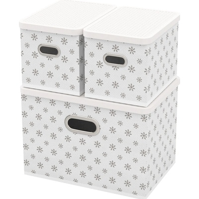 HomeLife Úložný box s vekom súprava 3 ks biele kvietky 5104