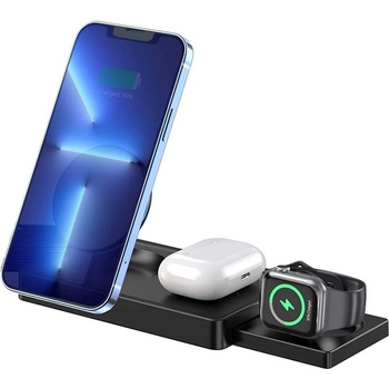 JC 3-in-1 Magnetic Wireless Charger - тройна поставка (пад) за безжично зареждане за iPhone с Magsafe, Apple Watch, AirPods Pro и Qi съвместими мобилни устройства (черен)