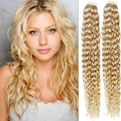 Kudrnaté vlasy pro metodu Pu Extension / Tape Hair / Tape IN 60cm nejsvětlejší blond