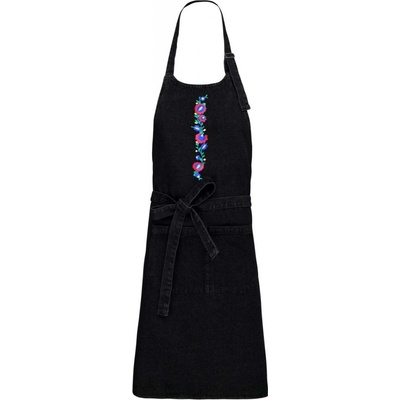 Zelenáčky Kuchyňská zástěra s výšivkou Slovácký motiv černá riflová